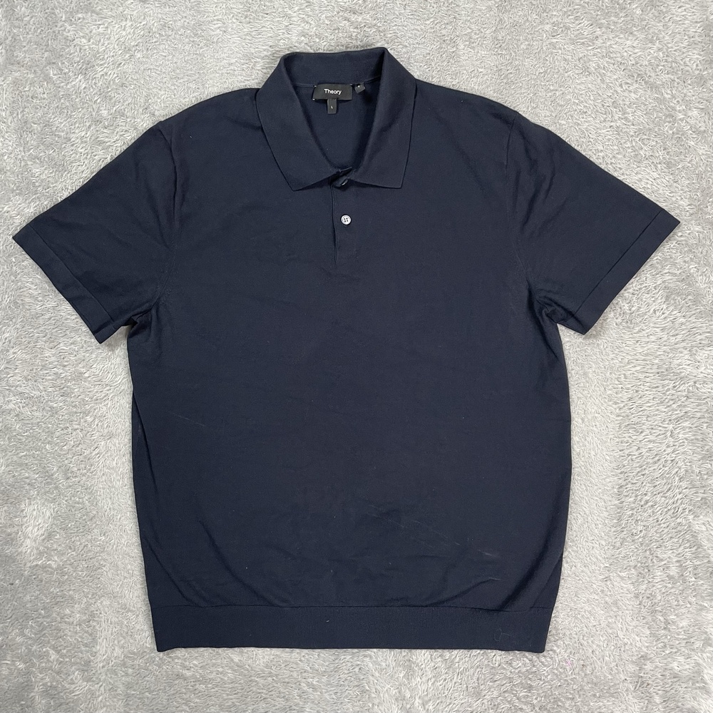 Theory Polo Shirt Mens L Blue Solid Short Sleeve Knit Pullover Casual Classic